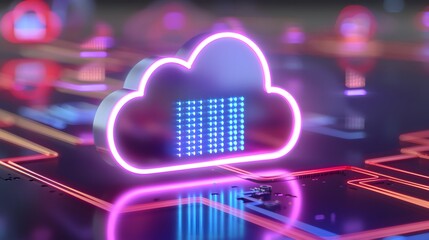 Poster - Digital cloud computing illustration with neon colors representing data storage and cybersecurity technology in a futuristic environment.