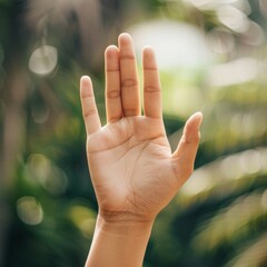 Close-up of a hand raised, palm facing the camera, with a blurred green background.