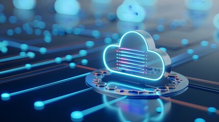 Poster - Digital cloud computing technology network symbol, futuristic data storage and cybersecurity concept, blue neon hologram illustration.