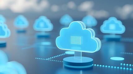 Poster - Digital cloud network concept depicting data storage and connectivity with multiple cloud icons and a futuristic interface.