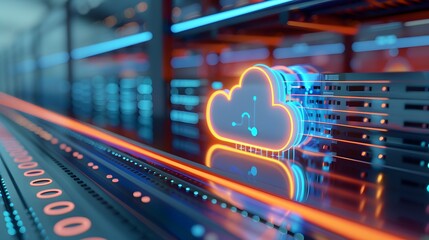 Poster - Digital cloud storage concept in data center with glowing icons and server racks, representing modern technology and cloud computing solutions.