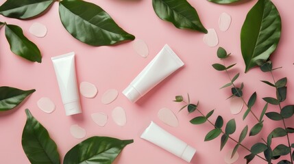 Wall Mural - White cosmetic tubes on pink background with green leaves Bio beauty packaging Advertising beauty product Top view flat lay Beauty concept with empty space