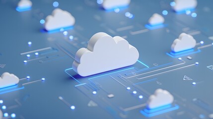 Poster - Digital concept of cloud computing with blue background illustrating network data storage and virtualization technology.