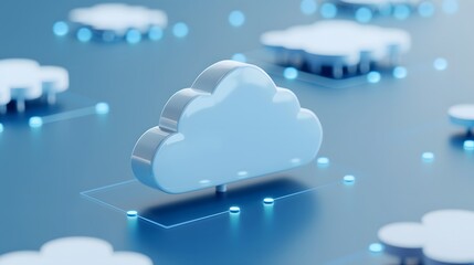Poster - Digital illustration of cloud computing concept with glowing virtual clouds representing data storage and technology advancement.
