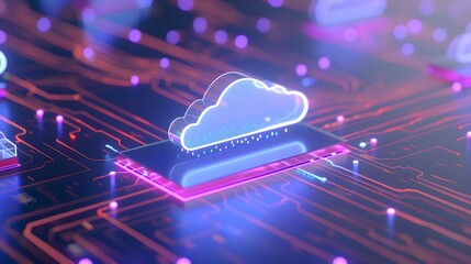 Poster - Futuristic 3D illustration of cloud computing technology with neon colors, depicting data transmission and digital storage on a circuit board.
