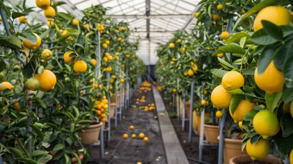 Aufkleber - Rows of lemon trees in a greenhouse display ripe fruit, with several lemons scattered on the ground.