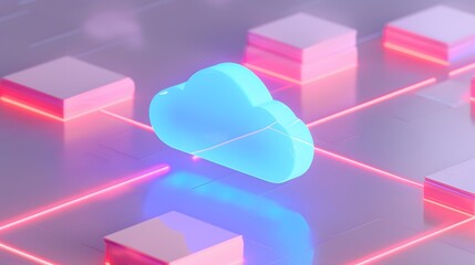 Poster - Futuristic 3D rendering of cloud computing technology, illustrating data storage and network connectivity in vibrant neon colors.