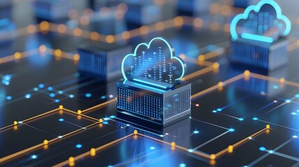 Poster - futuristic cloud computing concept showing servers connected through digital networks, highlighting 