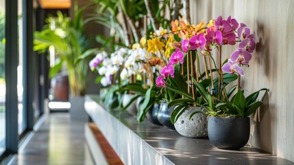 Poster - Vibrant orchids in various colors are arranged in sleek planters, enhancing the modern atmosphere of the indoor space.