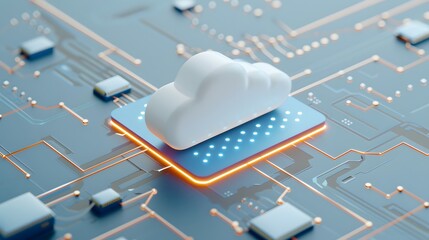 Poster - Futuristic cloud computing concept with a glowing cloud icon on a circuit board symbolizing data storage and technology integration.