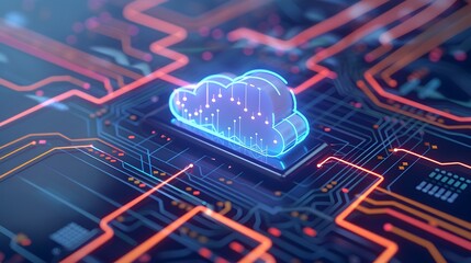 Poster - Futuristic cloud computing concept with a glowing digital cloud symbol on a circuit board.