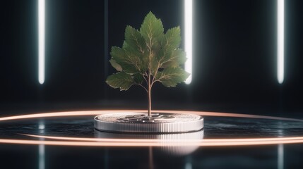 Growing tree on coin, holographic financial growth, futuristic setting, neon lights, digital economy, copy space for text, ultra HD,