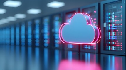 Poster - Futuristic cloud computing concept with glowing cloud icon in a modern data center environment, showcasing advanced IT technology.
