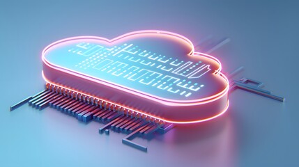 Poster - Futuristic cloud computing concept with neon lights and digital circuits, representing modern data storage and technology innovation.
