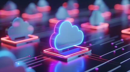 Poster - Futuristic cloud computing concept with neon lights and digital connections, representing innovation and advanced technology in virtual environments.