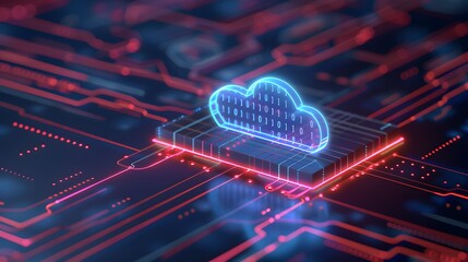 Poster - Futuristic cloud computing concept with neon lights showcasing data storage integration on a circuit board. High-tech digital innovation.