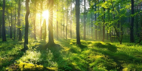  Beautiful morning in a sunny green forest. AI generation