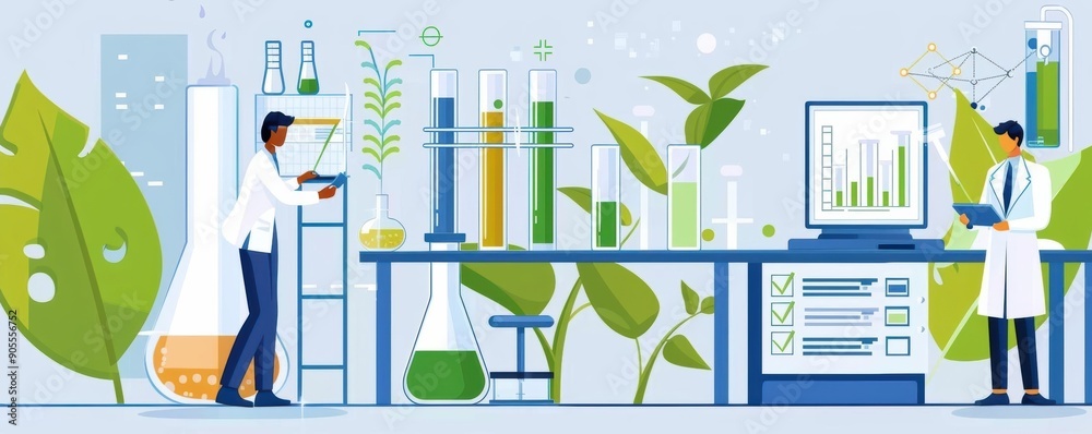 Scientists collaborate in a lab, developing innovative biomass technology with test tubes and eco-friendly charts, driving sustainable energy solutions