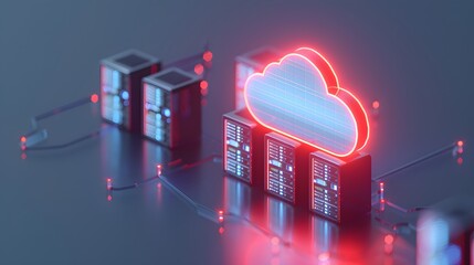 Wall Mural - Futuristic cloud computing data center with glowing neon cloud icon and server racks connected with digital lines.