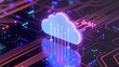 © Tackey - Futuristic cloud computing representation with neon lights and digital circuitry, highlighting data transfer and technology innovation.