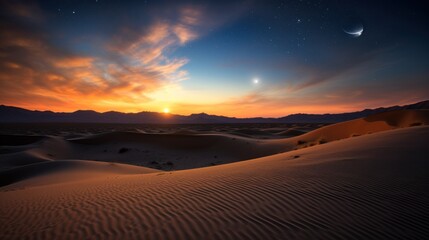 Wall Mural - Desert Landscape Under a Starry Sky with the Sun Setting Behind Mountains