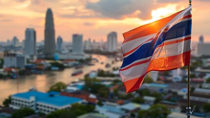 Wall Mural - The Thai flag in focus with a blurred bustling cityscape of Bangkok in the background, representing national pride amidst urban development