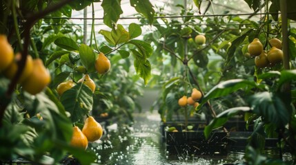 Poster - Lemon trees laden with ripe fruit thrive in a vibrant greenhouse, illuminated by the gentle morning sun and surrounded by lush green foliage.