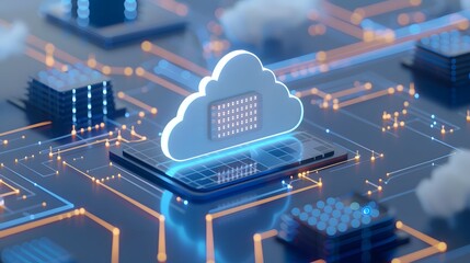 Poster - Futuristic cloud computing technology concept showing a network of digital servers, connections, and data storage solutions.