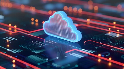 Poster - Futuristic cloud computing technology showcasing data storage and digital communication network with server connections and glowing circuits.