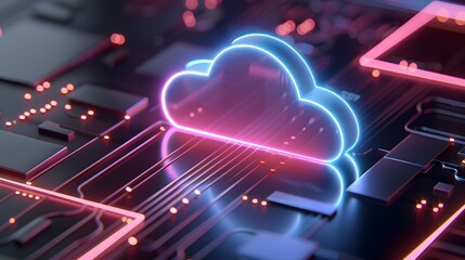 Poster - Futuristic cloud technology concept with glowing cloud symbol on a circuit board, representing data storage and network connectivity.