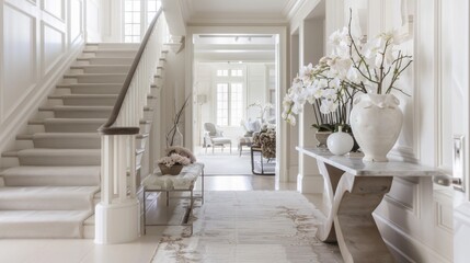 Poster - A welcoming hallway features a staircase, delicate floral displays, and bright natural light, creating a serene atmosphere.