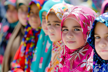 Eid al-Fitr celebrations, with children dressed in their finest clothes, colorful bazaars bustling with activity, and streets adorned with festive lights and decorations as Muslims ending Ramadan