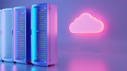 Poster - Futuristic data center servers with glowing cloud symbol, illuminated in blue and pink lighting, depicting cloud computing and technology
