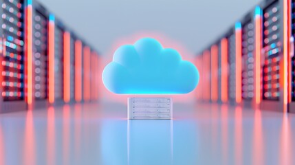 Poster - Futuristic data center with glowing cloud icon, symbolizing cloud computing and modern technology against server racks background.