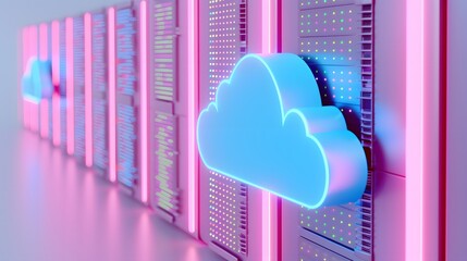 Poster - Futuristic data center with glowing cloud icons representing modern cloud computing and data storage solutions with pink and blue lighting.