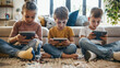 © Chatchanan - Children in an apartment, happily typing on a tablet and interacting with social media while sitting on the floor.