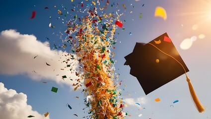 Close-up of a graduation cap hurled into the air, confetti soaring in the sky