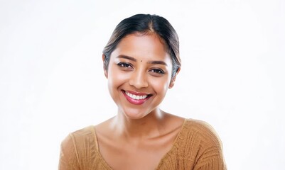 Wall Mural - Portrait of a beautiful young woman smiling at the camera on white background