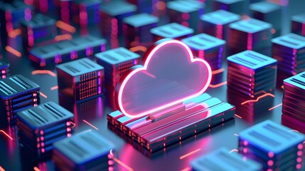 Poster - Futuristic digital cloud icon in a neon glowing server environment representing modern data storage and cloud computing technology.