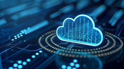 Poster - Futuristic digital cloud technology concept with data storage, network, and server on a blue background with binary code.