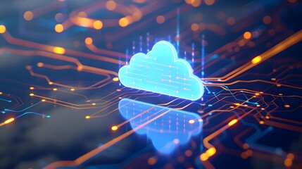 Poster - Futuristic digital cloud technology concept with glowing circuitry, representing data storage and cloud computing innovation.