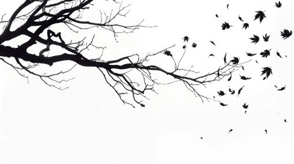 Wall Mural - silhouetted tree branch with falling leaves on white background