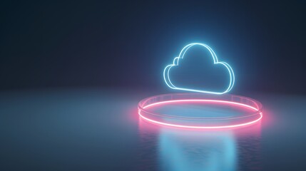 Poster - Glowing neon cloud and circle on a reflective surface, symbolizing futuristic technology, digital connections, and virtual storage.