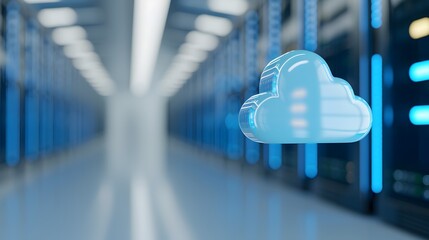 Poster - Modern data center with a cloud icon, representing cloud computing and storage solutions. High-tech servers with blue lights in the background.