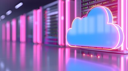 Poster - Modern data center with glowing pink lights and a cloud icon representing cloud computing technology and data storage.