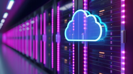 Poster - Modern data center with server rack and cloud technology, neon lights, and futuristic design for cloud computing and data storage.