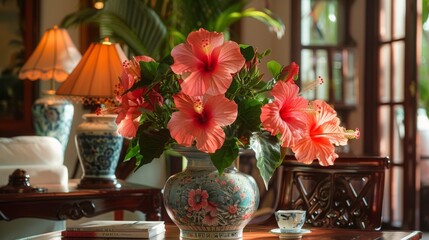 Aufkleber - Brightly colored hibiscus flowers bloom in a decorative vase, placed on a wooden table next to warm lamps, creating a cozy and inviting atmosphere.