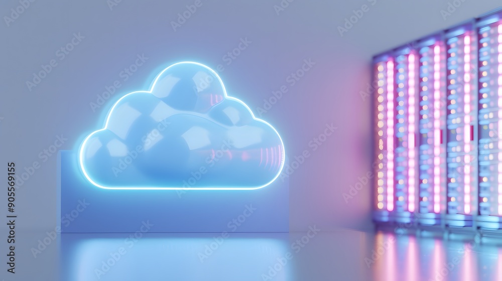 Neon cloud symbol next to server racks in a modern data center ...