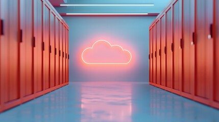Poster - Neon cloud symbol in server room. Concept of cloud computing, data center, and modern technology infrastructure. Vibrant and futuristic scene.