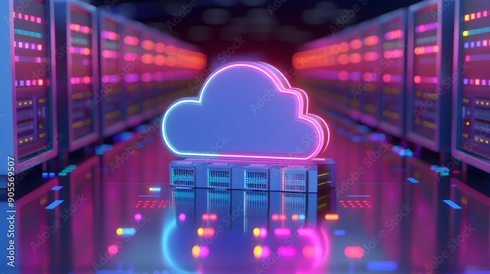 Neon glowing cloud symbol in data center, representing cloud computing ...